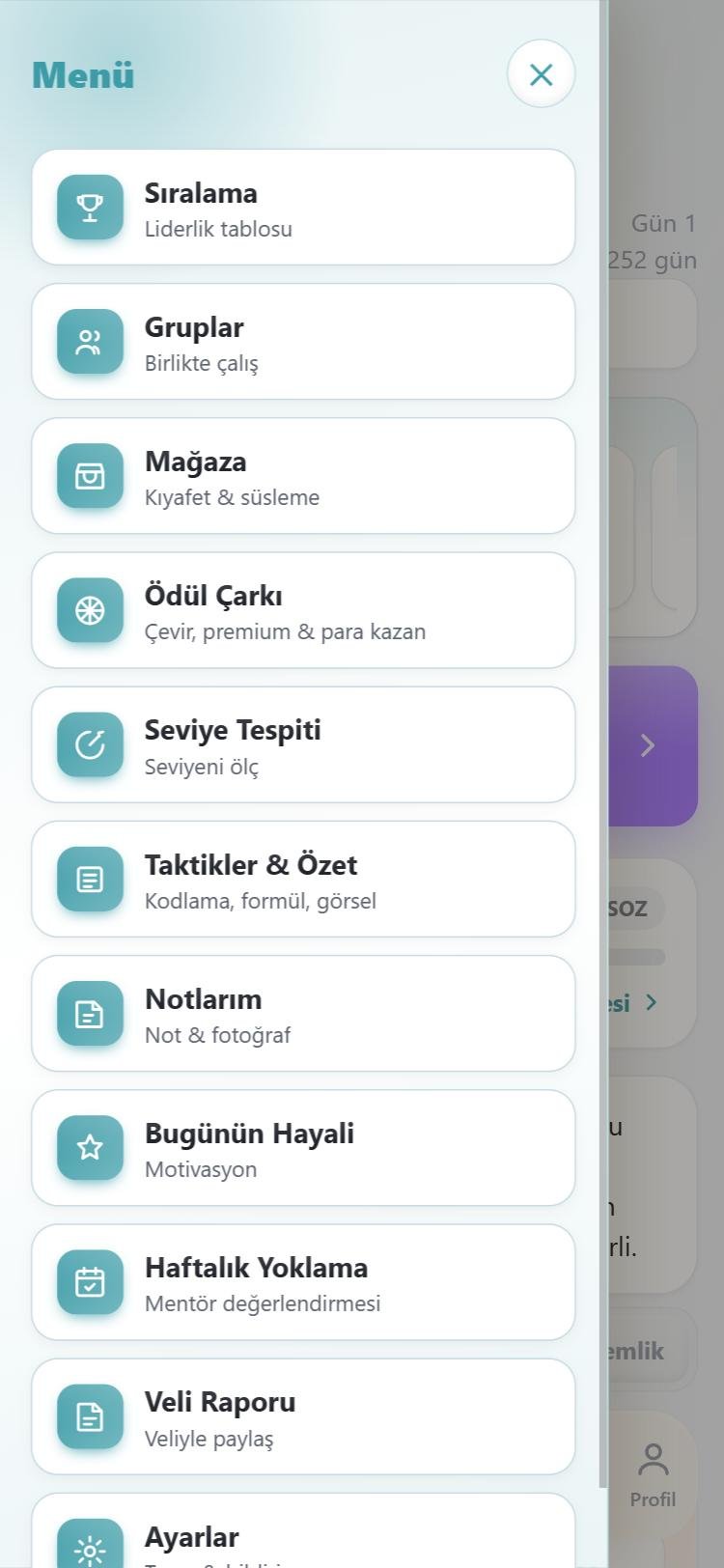Mentorüm menü — tüm özelliklere tek dokunuş